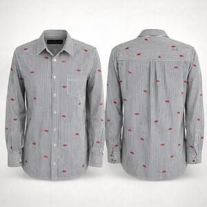 J.Crew Shirt Women 2 Classic Fit Black & White Striped Embroidered Kisses